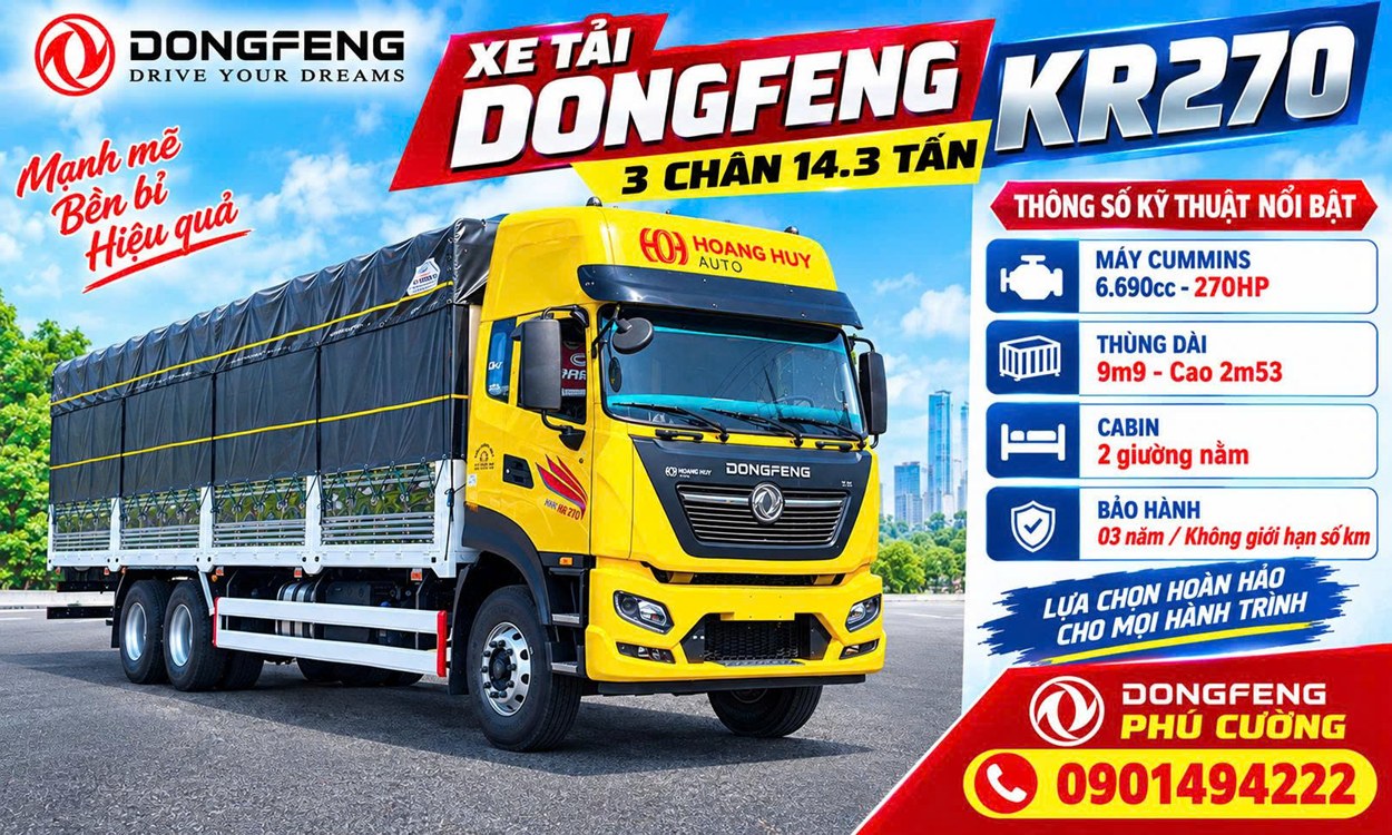 XE TẢI DONGFENG KR270 3 CHÂN 14.3 TẤN THÙNG BẠT NHẬP KHẨU ĐỜI 2026 - GIÁ TỐT - GIAO NGAY
